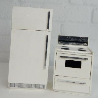 Vintage Dollhouse Miniature White Wooden Kitchen Appliance Set Stove Fridge 1:12