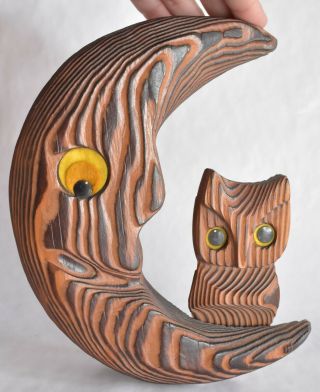 Vintage Cryptomeria Wood Carving Of Owl Sitting On Crescent Moon