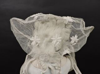 ANTIQUE 19TH C HAND EMBROIDERED FINE NET BONNET FOR DRESS 4