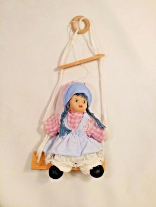 Miniature Doll Swing Wearing Blue Hat Cloth Body Handmade Ceramic Head