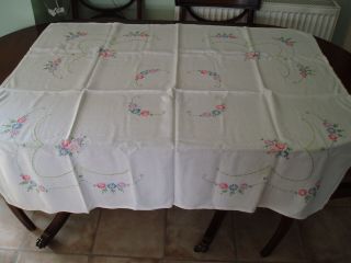 Vintage Linen Hand Embroidered Table Cloth 51 " X 46 "