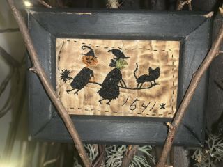 Primitive Sampler Witch & Pumpkin Flying - 1641 - Folk Art Stitchery