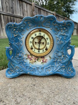 Antique 1881 Ansonia York Rebel Porcelain Mantle Clock Open Escapement Blue
