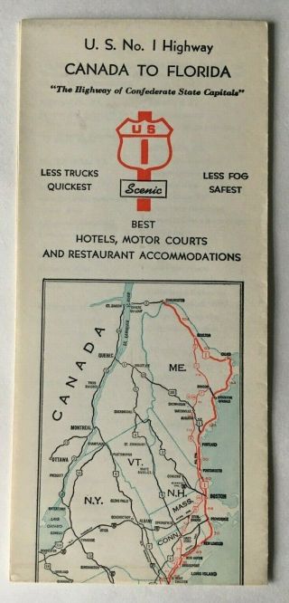Vintage U.  S.  Highway 1 Association Brochure Map Canada To Florida Pocket Travel