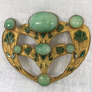 Antique Art Nouveau Enameled Leaf Cabochon Green Glass 1/2 Belt Buckle Marked Pf
