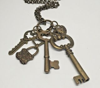 Mud Pie Long Antiqued Gold Tone Keys Charm Pendant Necklace
