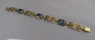 Antique Art Deco Symmetalic Sterling & 14k Blue Emerald Cut Rhinestone Bracelet