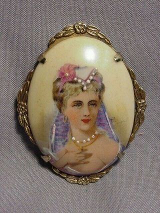 Antique Limoges Portrait Porcelain Hand Painted Cameo Sterling Pin Brooch