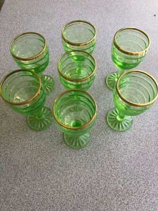 7 Antique Depression Green Wine Glasses With Gold Rim