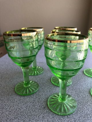 7 Antique Depression Green Wine Glasses With Gold Rim 2