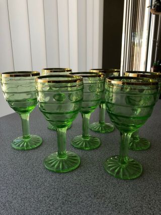 7 Antique Depression Green Wine Glasses With Gold Rim 3
