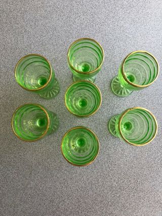 7 Antique Depression Green Wine Glasses With Gold Rim 4