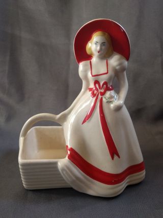 Antique Planter Woman Red Bonnet Basket Panter Hull Pottery Usa 1940 