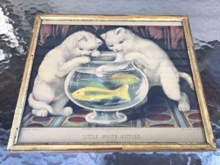 Antique Currier & Ives Lithograph " Little White Kittens Fishing " Framed