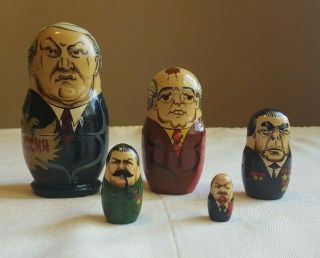 Russian Matryoshka Vintage Set Of 5 President Nesting Dolls Soviet Leaders Wood