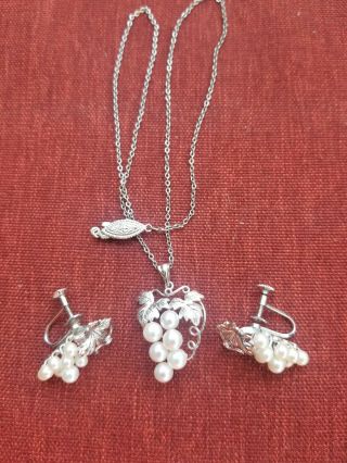 Antique Victorian Style Sterling Silver Pearls Flower Pendant With Earrings Set