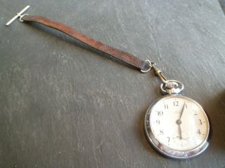 Antique Military Style Fully Smiths Pocket Watch,  Leather Albert Chain