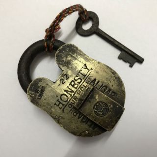 An Old Antique Solid Brass Padlock Or Lock With Key Small Honesty