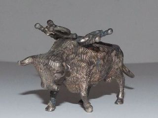 Antique Miniature Silver Bull Figurine With Cocktail Sword -.  800 Silver