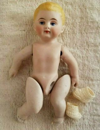 6 " Vintage Antique All Bisque Boy Doll,  Needs Restrung,  Unmarked Chunky Arms