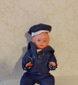 Vintage Celluloid Doll House Boy In Sailor Suit 4 1/4 " Marked W Germany On Back