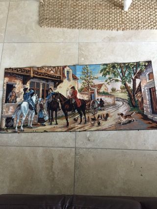 French Vintage Tapestry,  Village Scene,  Horse,  Pub,  Chicken,  Countryside