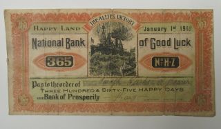 Antique Ww1 National Bank Of Good Luck Happy World War One Skit Banknote Curtis