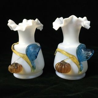 Antique Stevens & Williams British Opaline Art Glass Vases Applied Decoration
