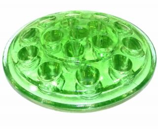 Vintage Green Depression Glass 16 Hole Flower Frog Vaseline Glass 5 Inch 2