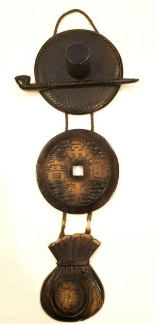 Korean Vintage Wooden Chained Wall Decor Hat W/pipe And A Bag