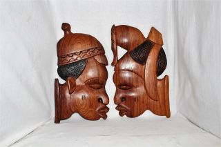 Vtg Pair Carved Wood African Face Plaque Wooden Tribal Head Wall Sculpture Mask