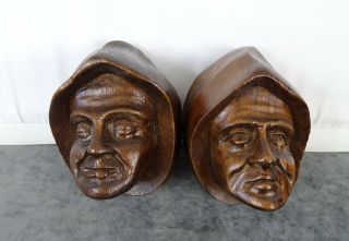Antique French Carved Walnut Wood Heads - Two Men Of The Middle Ages