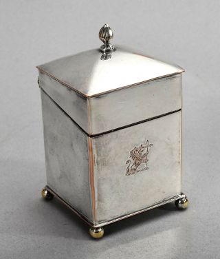 Antique Silver - Plated Hinged Box Or Tea Caddy W/ Engraved Lion Motif