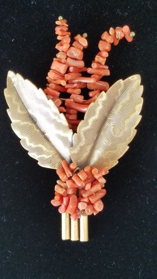 Antique Vintage Coral Branch Bouquet Brooch Gold Tone Leaves Salmon Red 3 Inch