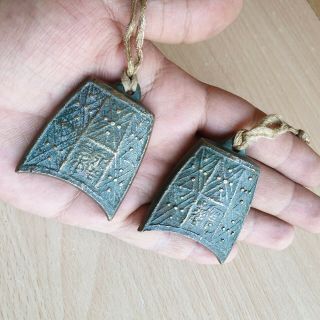 7 Two Old Antiques Asian Chinese / Tibetan Bronze Opium Weights,  Bell,  Marked 2