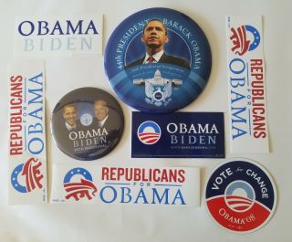 Obama Rare 9 " And 6 " Inaugural Buttons,  5 2008 Bumper Stickers,  5.  75 " Magnets