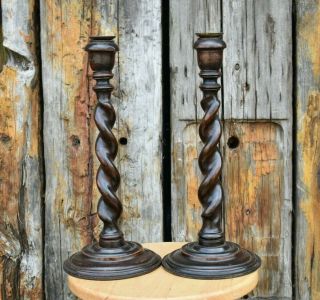 Antique Oak Pair Barley Twist Candlesticks Candle Holders Large Candle
