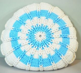 Vintage Pretty Hand Knit Crochet Round Throw Bed Or Couch Pillow - Blue/ivory