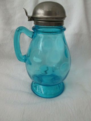 Antique Blue Glass Thumb Print Syrup Pitcher With Pewter Lid