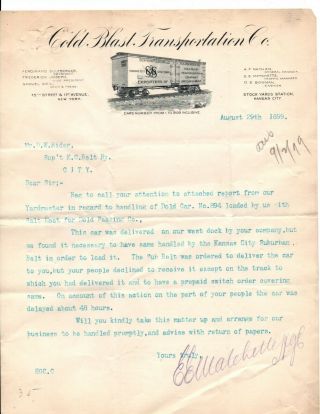 Antique Letterhead 1899 Cold Blast Transportation Kansas City Belt Railway