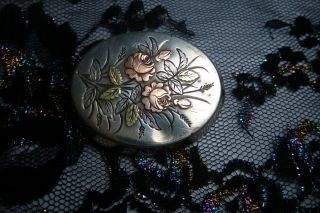 ANTIQUE VICTORIAN c 1885 GOLD ROSES ON SILVER MOURNING HAIR LOCKET BROOCH PIN 3