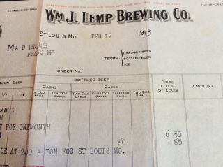 Antique 1913 Wm J Lemp Brewing Co - St Louis (Falstaff) Letter Head Bill 3