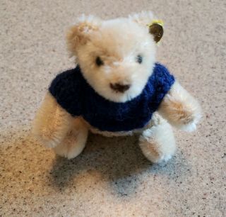Old Miniature Steiff Mohair Teddy Baby Bear Blue Sweater 2 - 3/4” Button And Tag