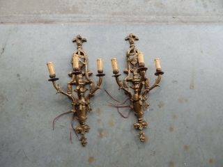 (2) Empire Style Three Arm Metal Brass Wall Sconces,  Retro