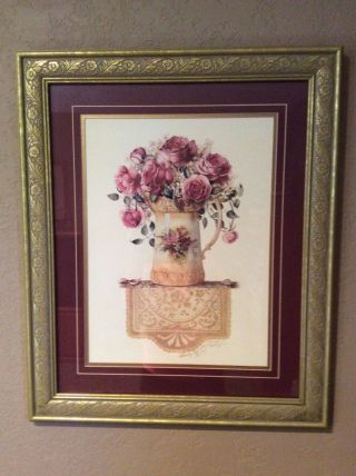 Sandy L Clough Framed Signed Artwork Antique Pitcher Vase With Roses Wall Decor