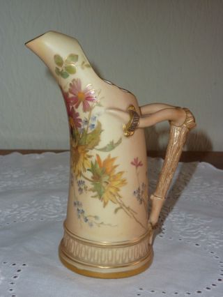 Antique Royal Worcester Vase Hand Painted/gilded Jug With Horn Shaped Handle