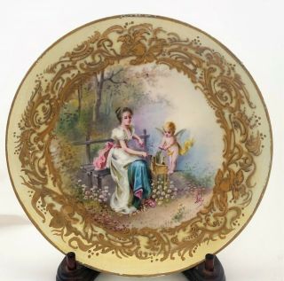 Antique Hand Painted Gold White Blue & Green Plate With Lady And Child Sevres?