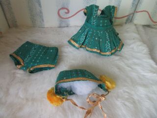 Vintage 1950s Ginny Doll Vogue Tagged Green Gold Dress And Hat/panties