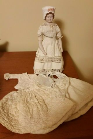 Vintage Early Colonial Bisque Doll/bonnet W/cloth Body - Hand Sewn Clothes