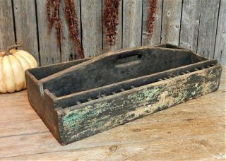 Early Antique Primitive Black Wooden Tool Carrier Box Aafa Rustic Display